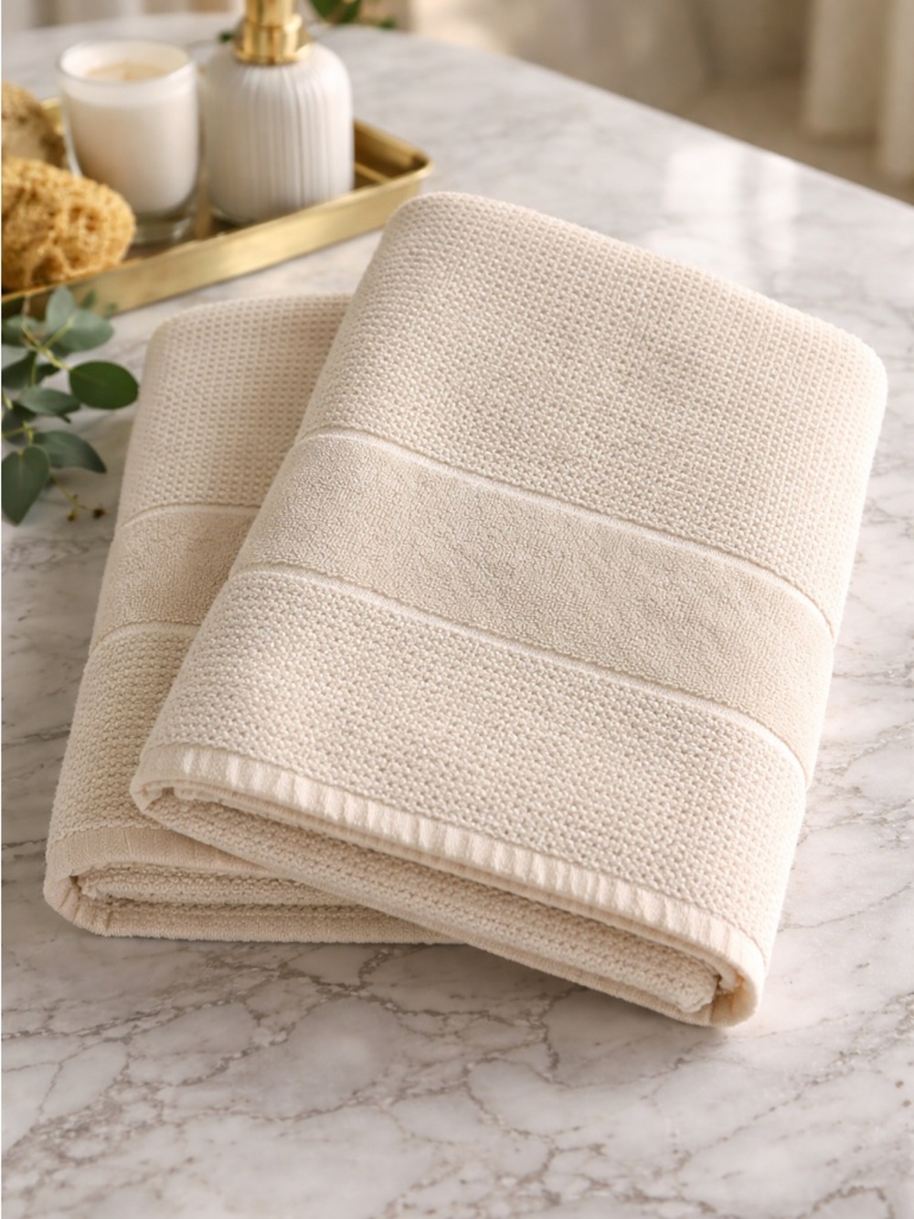 Baveno Home Turkish Cotton Towels Set of 2 Cream Luxury Spa Bath EUC